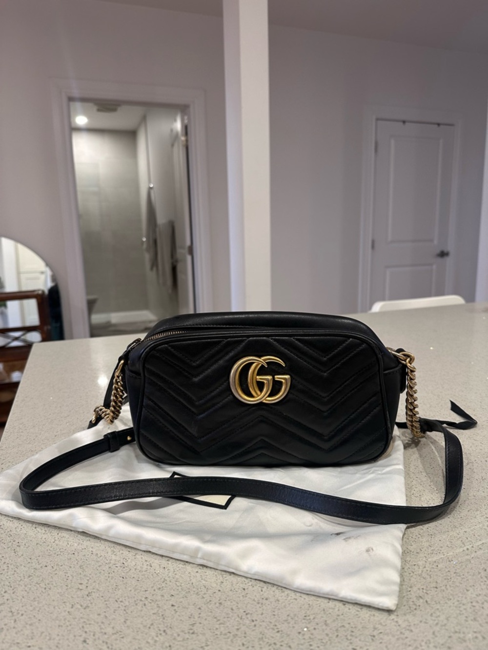 Gucci Black Chevron GG Marmont Camera Crossbody Bag
